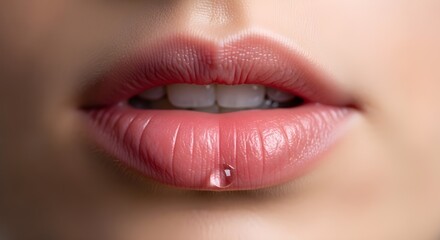Fototapeta premium A striking close-up of glossy, hydrated female lips features a single, sparkling water droplet delicately resting on the lower lip.