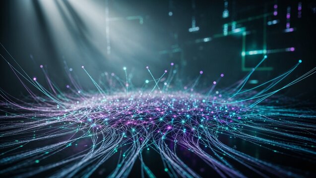 Darstellung eines Netzwerkes mit leuchtenden Linien, Kreisen und Punkten