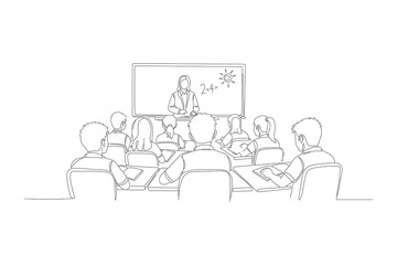 Obraz premium Continuous Line Drawing of a Teacher Leading a Classroom, Mentor Guiding Students in a Minimalist One Line Art Style