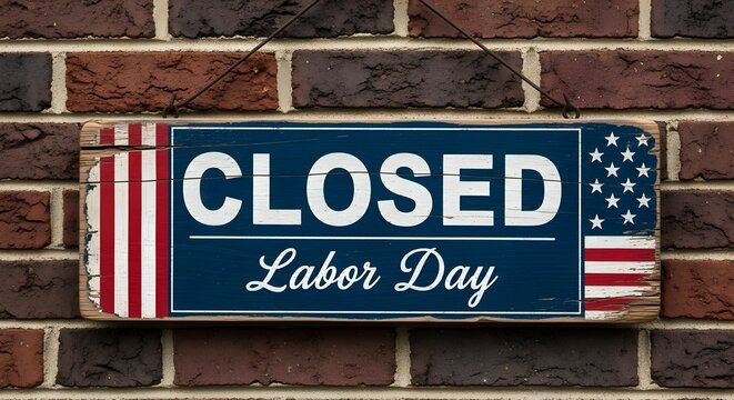 Labor day closed sign on brick wall