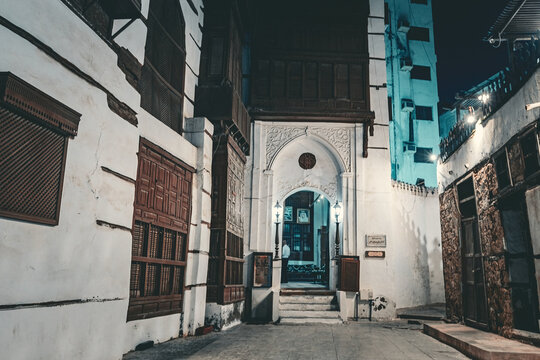Historical house in the old town of Jeddad with wooden windows and doors at evening lights Saudi Arabia