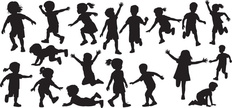 Happy children silhouettes jumping, running, and playing together, cute kids in active poses, set vector illustration