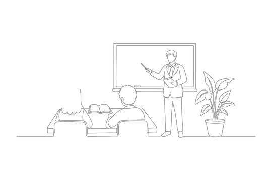 Continuous Line Drawing of a Teacher Mentoring a Student in a Classroom Setting, Minimalist One Line Art Illustration
