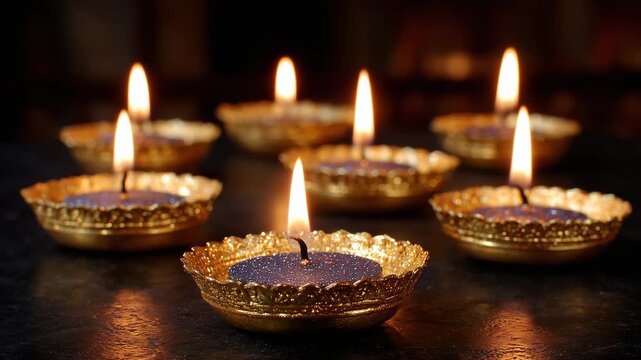 76Close-up of shimmering church candle flames reflected in polished brass holders during evening Easter vigil