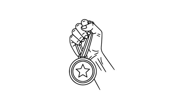 Hand holding trophy medal line art vector illustration isolated on white background