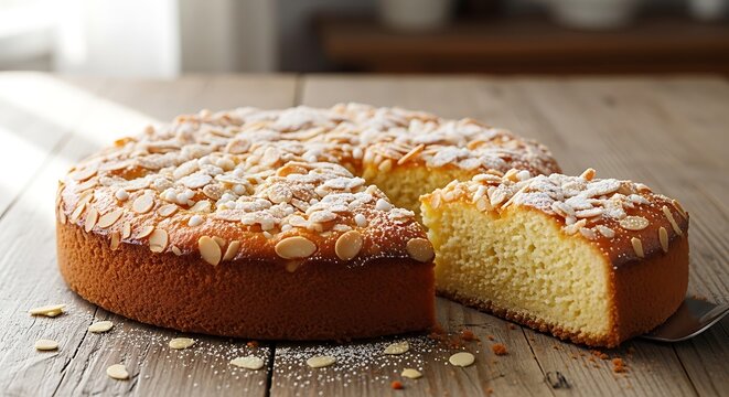 A delicious round almond cake topped with sliced almonds and powdered sugar on a wooden table. und kuchen