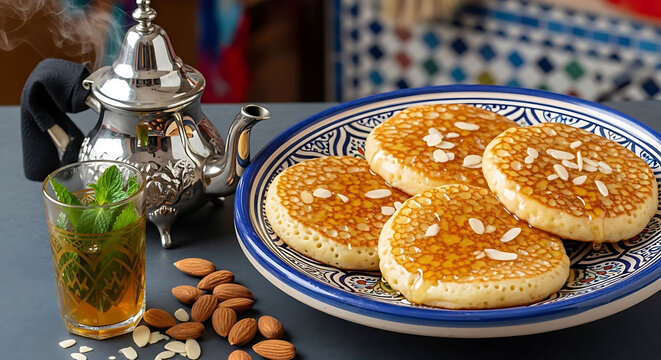 Moroccan pancakes called Baghrir served hot with mint tea and almonds next to an ornate silver teapot on a dark surface.
