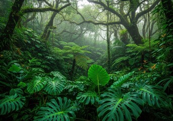 Fototapeta premium Dense tropical rainforest with lush green foliage and large monstera leaves