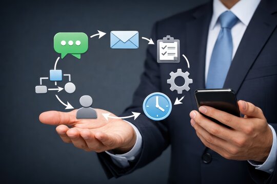 Modern Business and Communication: A sophisticated individual in a tailored suit elegantly presents a circular workflow diagram with a smartphone in hand, symbolizing seamless connectivity.