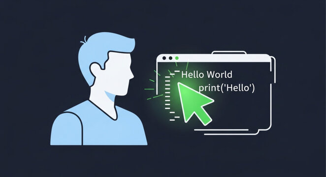 Software Developer Coding Hello World Program with Cursor Pointer.