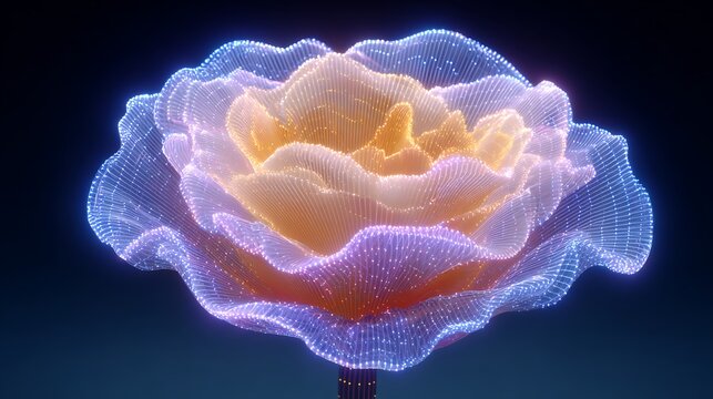 Ethereal glowing rose flower made of light particles and mesh grid on a dark blue background