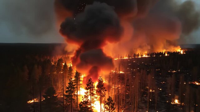 Forest fire with smoke and flames