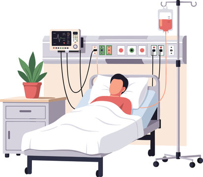 Hospital room with patient bed, medical monitoring devices, IV drip, and organized healthcare setting vector illustration