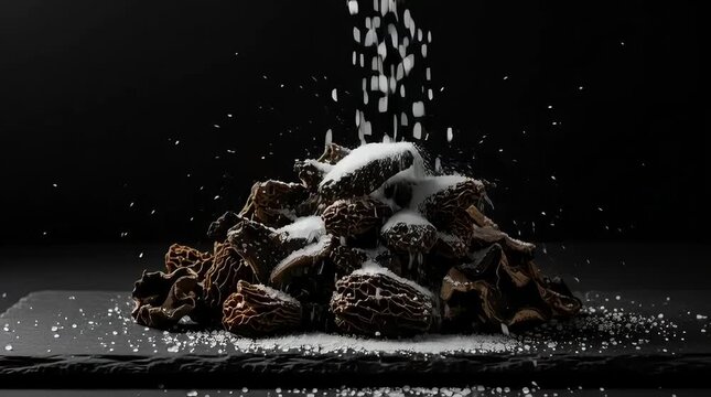 Morel Mushrooms Being Salted on Slate Plate, Dried Gourmet Fungi Seasoned for Cooking