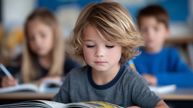 226A classroom scene where children eagerly read illustrated books together around a table, colorful pages and lively expressions celebrating literacy and education