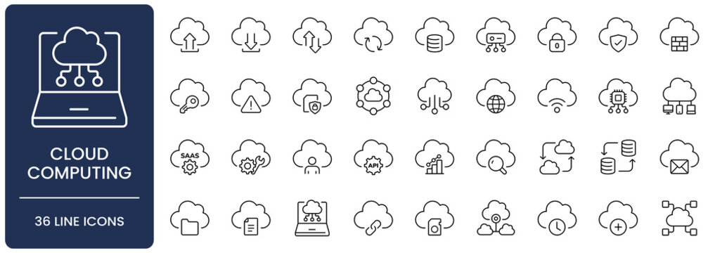 Cloud computing and services line icon set. Collection of data transfer, storage, database, server and network security outline vector symbols with editable stroke.