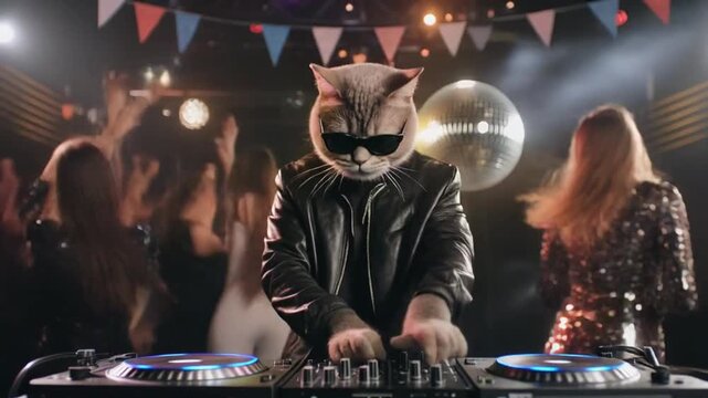A cat DJ wearing a leather jacket spins music at a vibrant nightclub with partygoers dancing in the background under colorful lights and a disco ball
