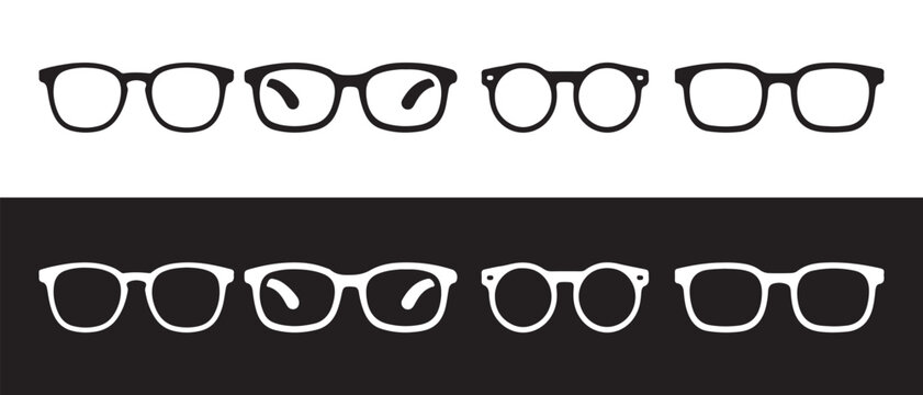 Set of different eyeglass frame icons in black and white versions for optometrist branding.