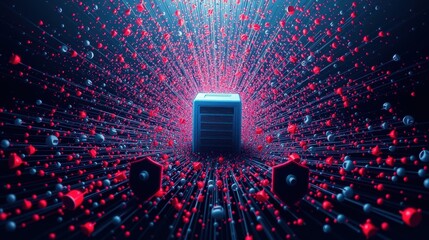 Fototapeta premium Futuristic tunnel, glowing particles stream toward central server. Dark background emphasizes bright digital flow, complex network.