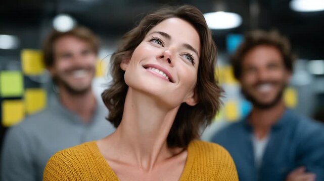 266A small startup team brainstorming ideas on a glass wall filled with sticky notes and diagrams in a creative coworking office