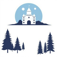 Fototapeta premium Fantasy castle on a hill with two moons and silhouetted pine trees