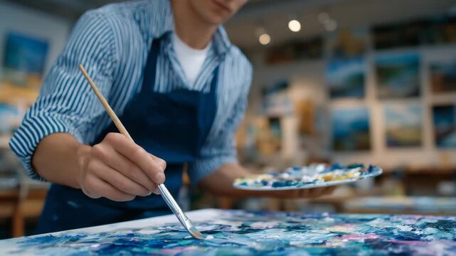 279Close-up of a painter applying bright acrylic paint strokes to a canvas in an art studio