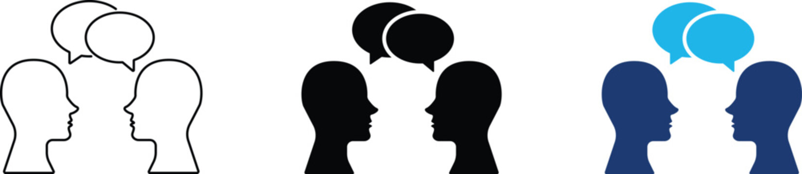 Interpersonal communication icon showing two people in a dialogue with speech bubbles. Professional illustration for business consulting, legal advice, and customer service interaction.