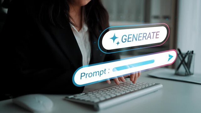 Modern business professional using keyboard for digital content creation with generated prompt features in soft focus background image Gluon.