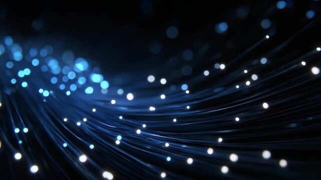 A futuristic digital backdrop showcasing a glowing fiber optic cable as the central element, interconnected nodes radiating light around it, sleek color palette and cinematic compo