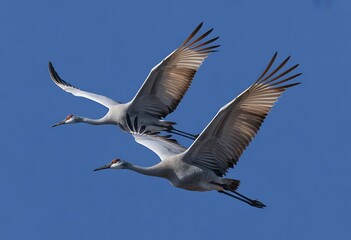 Obraz premium Two sandhill cranes in flight against a clear bright blue sky