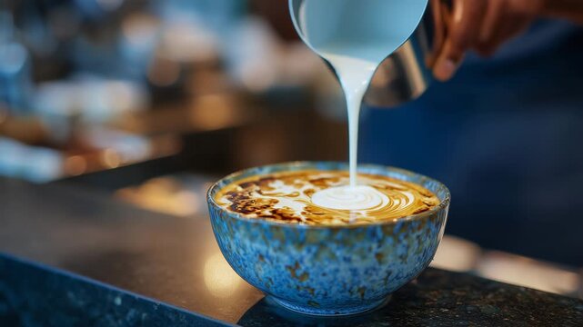 Close-up of a barista carefully pouring latte art into a ceramic cup, creamy foam forming intricate patterns under warm cafe lighting