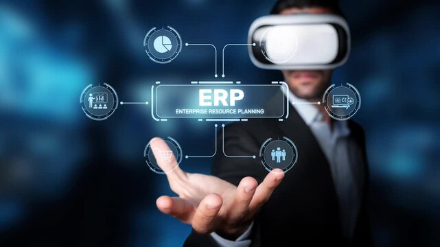A business professional engages with an innovative virtual reality interface showcasing enterprise resource planning, highlighting the future of technology in management. Raster