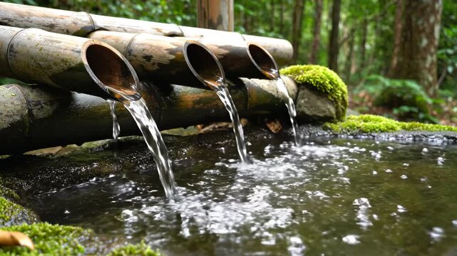 Bamboo water spouts in forest pool