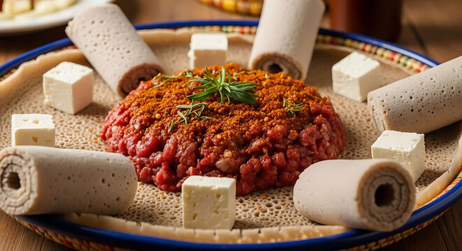 Raw Kitfo seasoned with spices and surrounded by cubes of soft cheese and rolled Injera bread slices.