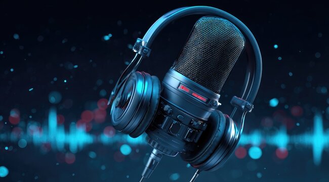 A close-up view of a microphone with attached headphones set against a blurred background of abstract light and sound waves