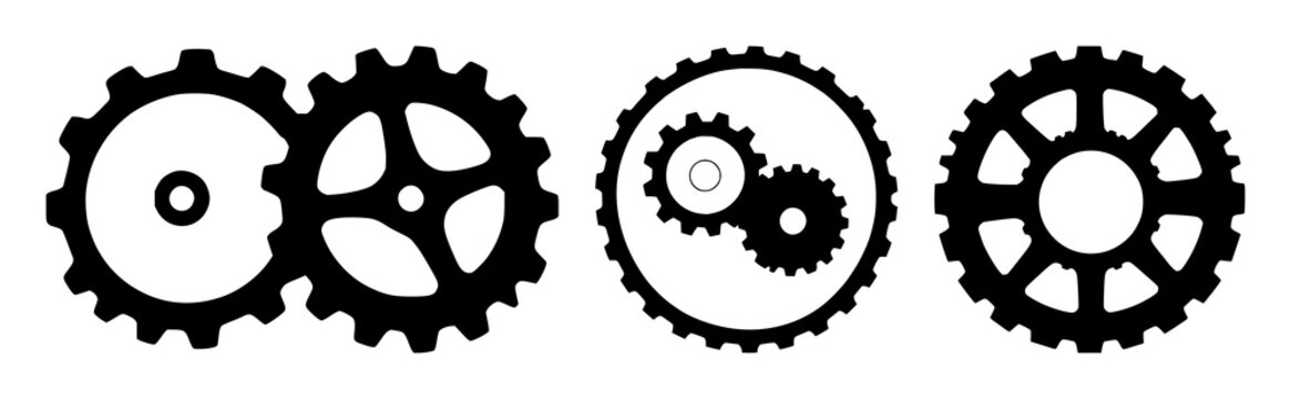 Gear and cogwheel interlocking silhouette set with simple silhouette design featuring gears, mechanical, engineering with black and white and line art