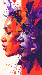 Obraz premium Mental Breakdown Abstract Concept Cracked Woman Faces Flat Illustration Orange Purple Dripping Vertical