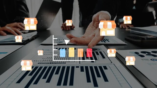 Business Team Analyzing Graphs and Charts with E-commerce Icons Representing Growth and Sales Performance in a Modern Office Setting Gluon.