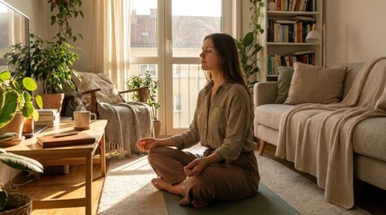 Obraz premium A serene woman practices focused meditation in her sunlit peaceful living room, fostering mental wellness, relaxation, personal self-care, spiritual calm, healthy lifestyle, domestic comfort