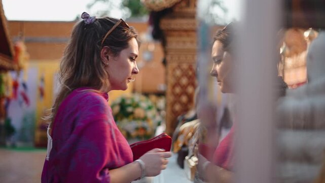 Young woman praying with devotion at a beautiful buddhist temple