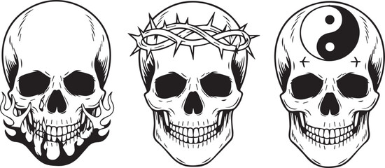 Fototapeta premium Skull icons, tattoo designs, black and white, vector graphics, symbol set