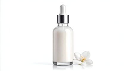 Naklejka premium A skincare serum bottle with a dropper is featured alongside a white flower on a clean, bright white background