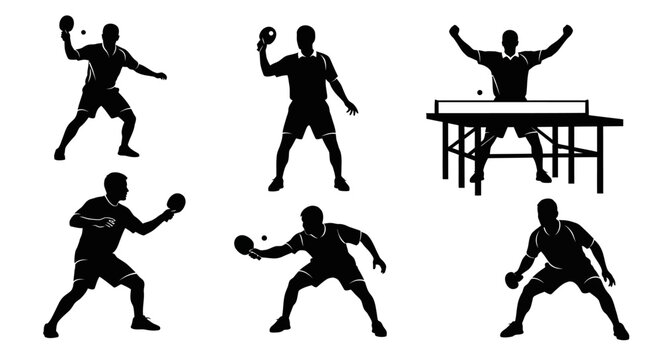 Table Tennis Player Silhouettes: Action Poses and Victory