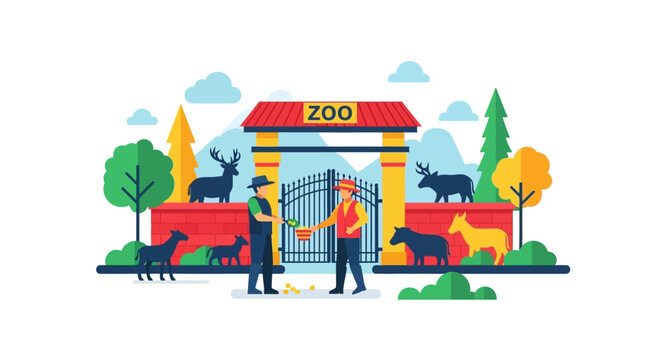 Zoo entrance with staff and animals illustration.