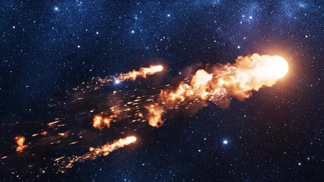 Fiery meteoroid burning through deep space against a starry night sky