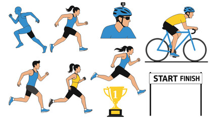 Fototapeta premium Running Cycling Sports People with a Trophy and a Start Finish Line Banner Illustration