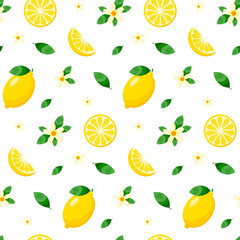 Obraz premium Modern seamless pattern with lemons.Citrus fruits.Italian ornament with lemons.Lemon slices, full lemons and flowers. Design element for cooking theme, textile, wrapping paper. Vector illustration