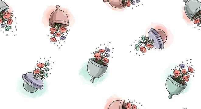 whimsical illustration of floral arrangements in pots with lids on white background for design