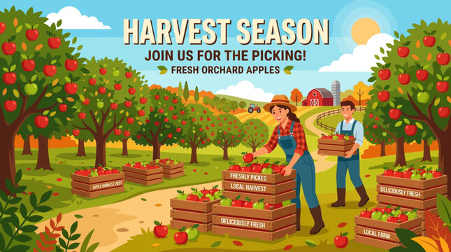 Harvest Season Apple Orchard Scene with People Picking Fruit
