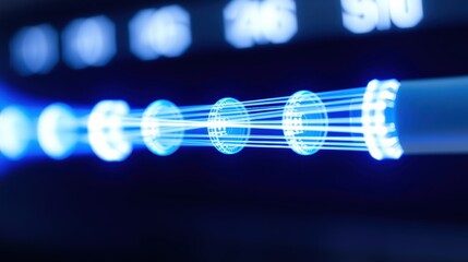 Fototapeta premium Bright blue lines converge toward distant point. Futuristic design suggests data transmission, technology, speed. Dark background enhances glowing effect.